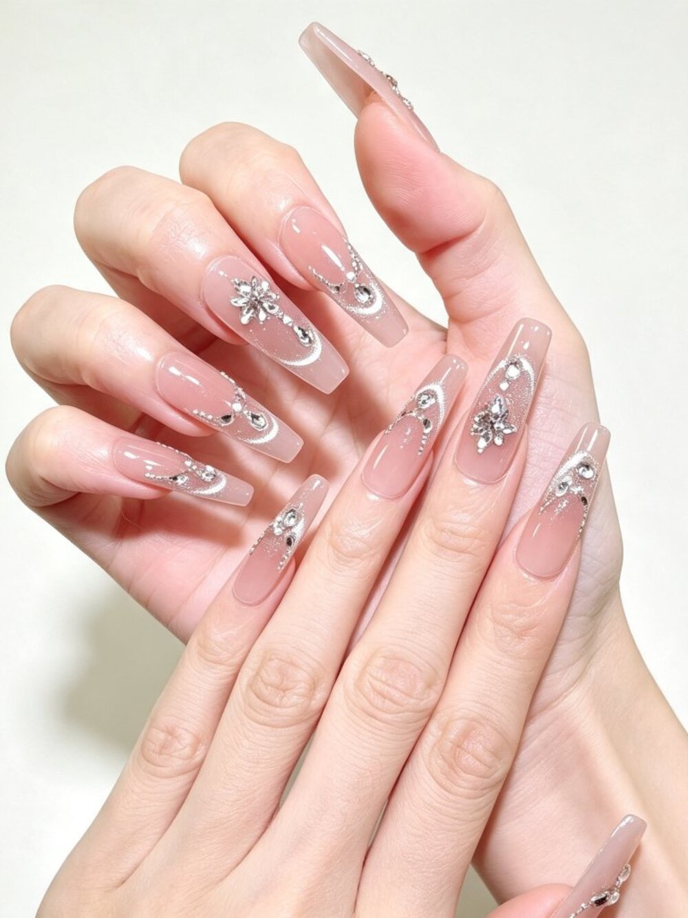 Nude And Silver Cat Eye Handmade Press On Nails with Rhinestone Long Coffin